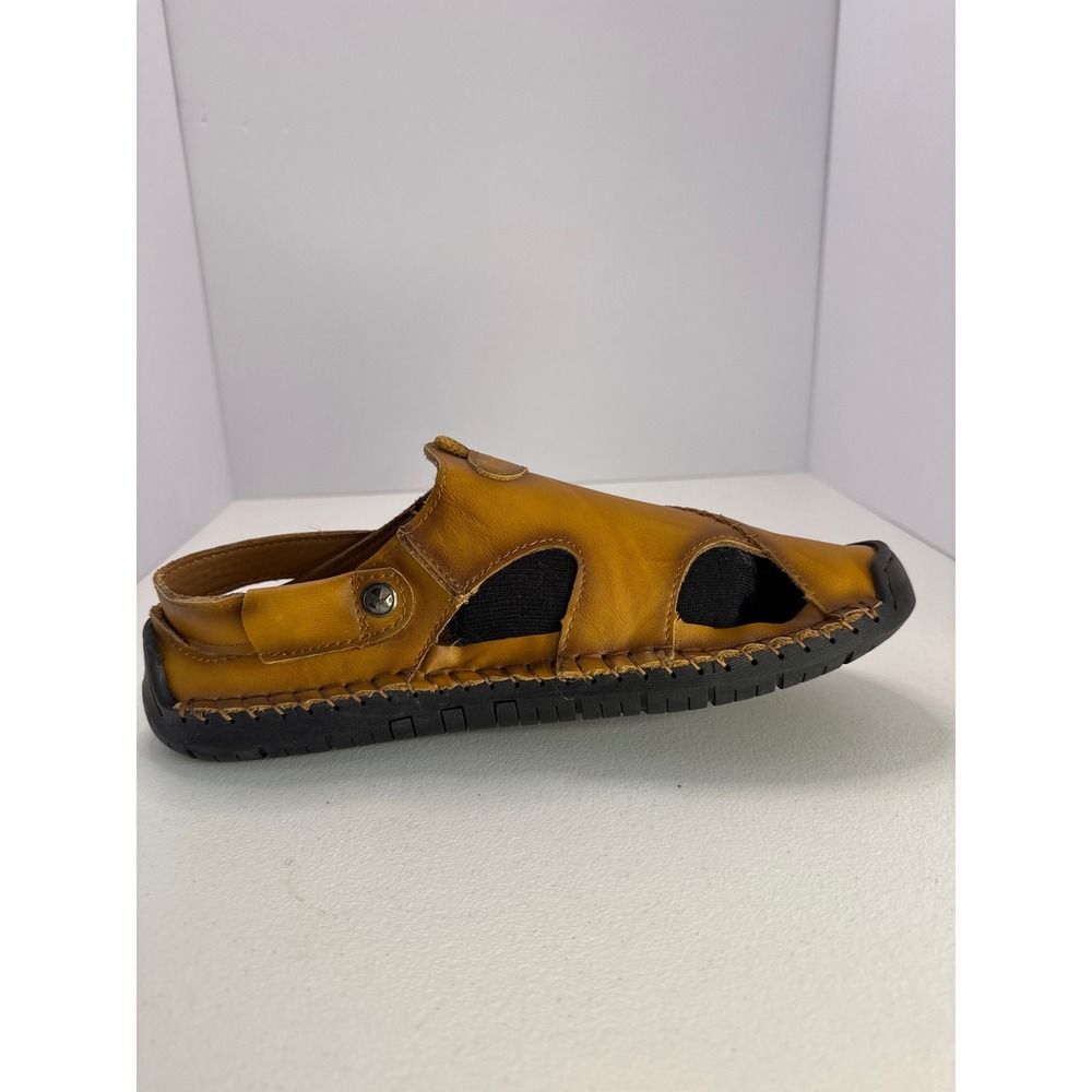 Fashion Mens Tan Leather Fisherman Sandals Closed Toe Stitched Rubber Sole 11.5 - Picture 2 of 10
